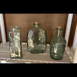 Green Glass Decorative Bottles — Set of 3